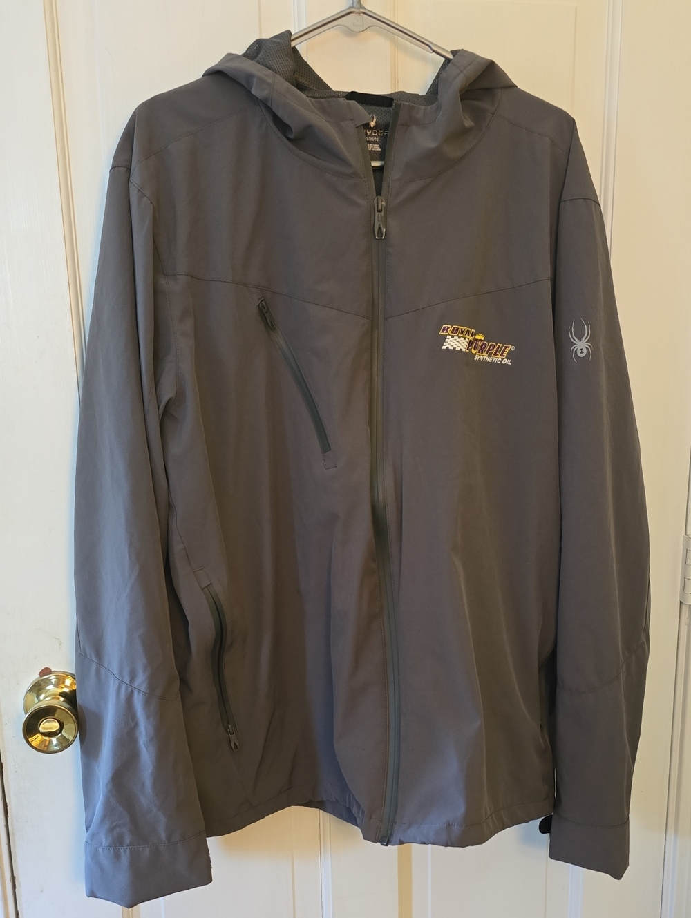 Spyder Men's Slate Gray Hooded Raincoat with Royal Purple Logo